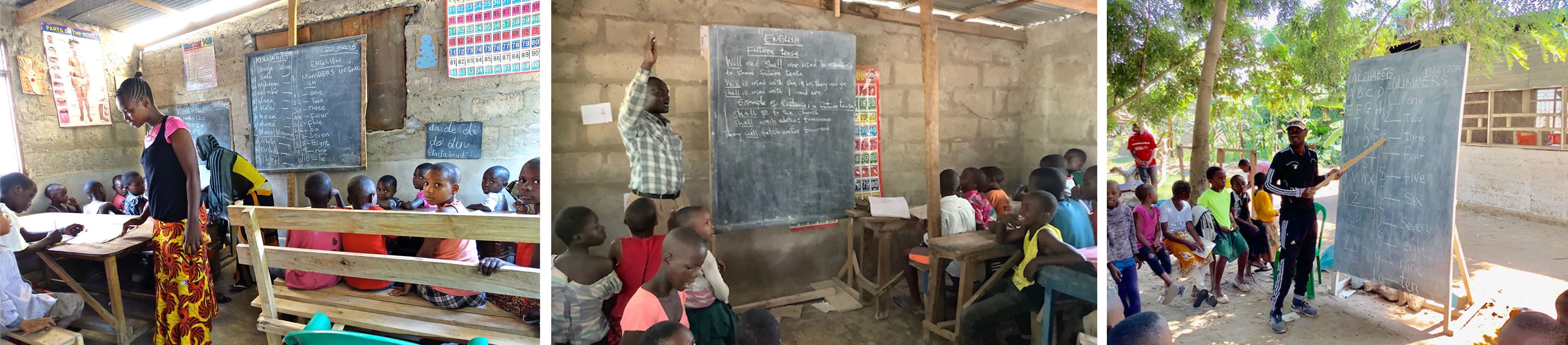 Collage of photos: 1. group of children in the classroom 2. a teacher teaching students in his classroom 3. a teacher teaching in an outdoor classroom.