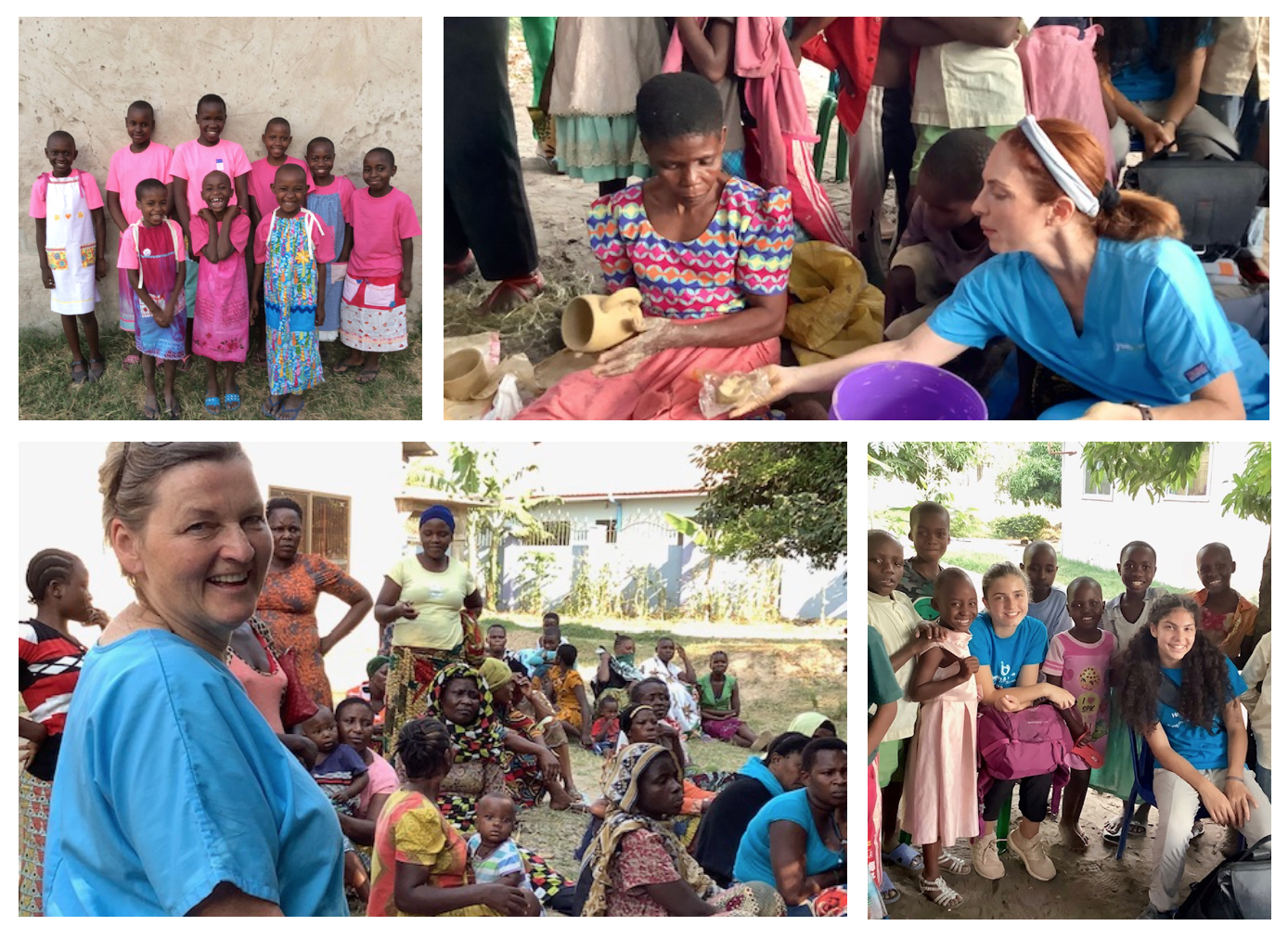 Collage of photos: 1. Group of children smiling in pink shirts, 2. Woman and nurse working on pottery, 3. group of people smiling, 4. group of children smiling.